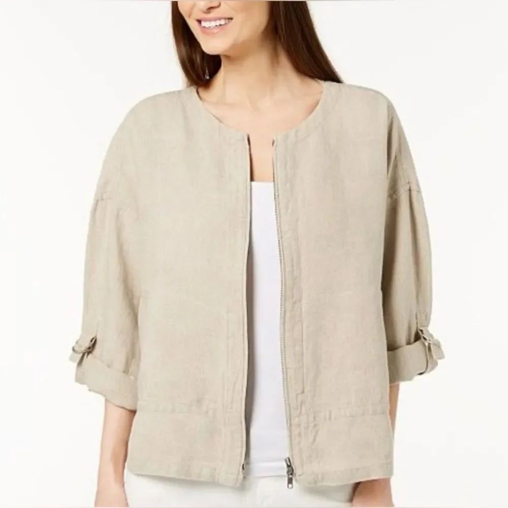 Eileen Fisher Women’s Oatmeal Organic Linen Oversized Zip Front Jacket, Size L